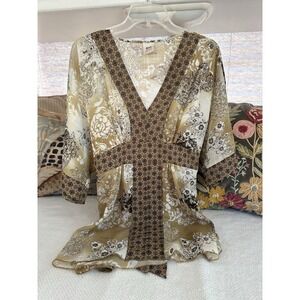 Babydoll Floral Blouse Sz XL Tan White V Neck Kimono Sleeve Semi Sheer Boho Chic